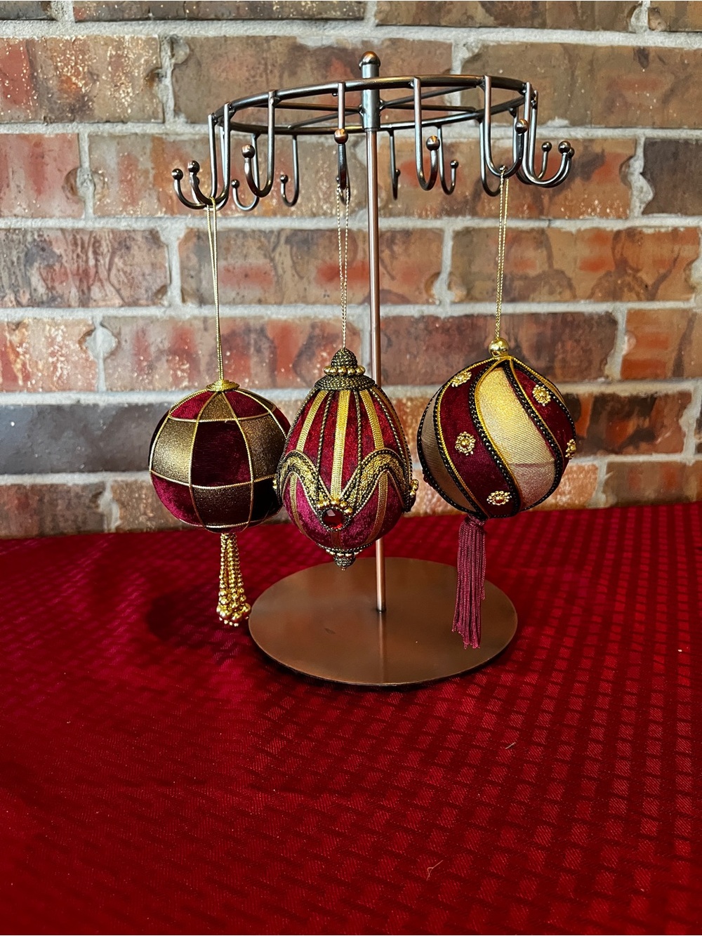 Holiday velvet ornaments with gold ribbon beadwork set of 3